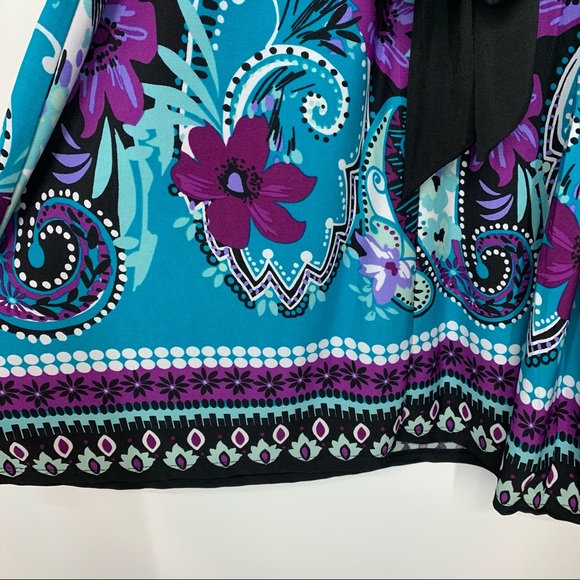 Rare Vintage Y2K Blue & Purple Paisley Floral V-Neck Dress Metal Jewel Waist - Picture 6 of 13